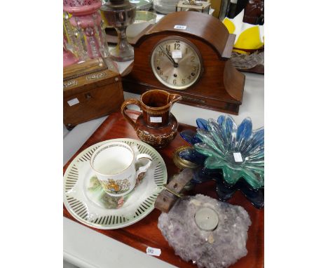 A parcel of mixed items including mantel clock, mother of pearl inlaid rosewood tea caddy, horse brass ETC Condition reports 