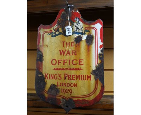 Vintage enamel sign 'The War Office - King's Premium London 1929' Condition reports provided on request by email for this auc