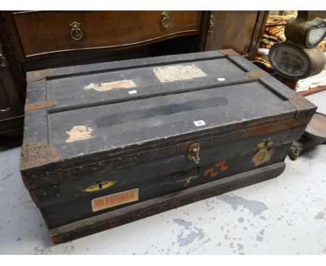 A vintage F P Baker &amp; Co Ltd military trunk in painted wood with metallic lining, bears label to interior (key with us) 9