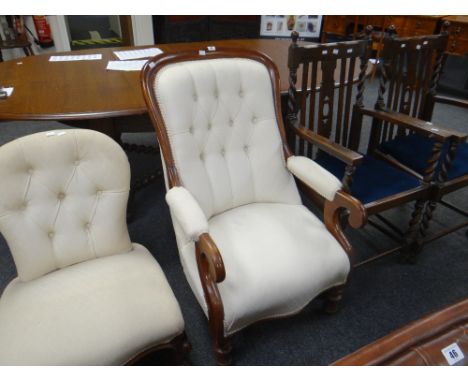 Pair of oak barley-twist open armchairs together with show frame button back fireside chair and Victorian-style tub chair (4)