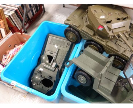 Action Man jeep and tanks together with a collection of girls model dolls  Condition reports provided on request by email for