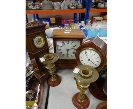 An Edwardian inlaid mahogany balloon clock, a vintage square dial mantel clock, a miniature longcase clock and a pair of meta