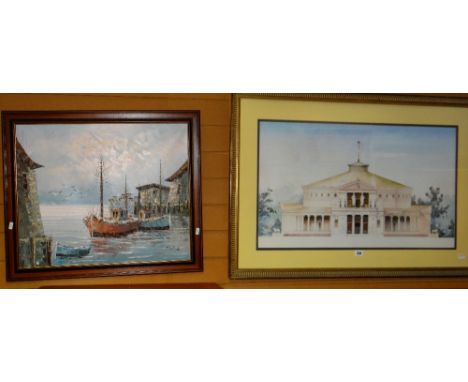 A framed architectural print together with an oil painting of ships in a harbour, river scene and another with mallards in fl