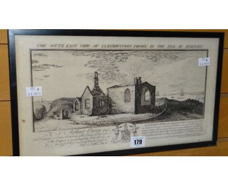 SAMUEL &amp; NATHANIEL BUCK print - of 'The South East View of Llanddwyn Priory in the Isle of Anglesey', 22 x 40cms Conditio