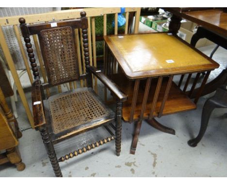 A tooled leather top rotary bookcase-table together with a cane work and bobbin vintage chair Condition reports provided on r