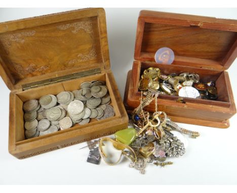 A carved continental cigar box with coinage contents together with a hardwood box with mother of pearl containing pins, badge