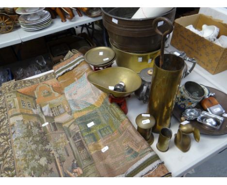 A parcel of metalware including scales, hip flask, brass preserve pan and a tapestry wall hanging Condition reports provided 