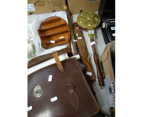 An ornamental chestnut roaster, carved walking stick, a leather portfolio case with Masonic contents ETC Condition reports pr