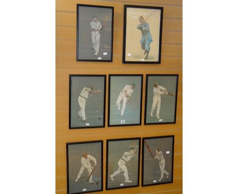 A framed series of seven vintage cricketing prints, each depicting players from the early part of the twentieth century, prin
