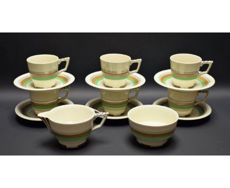 An Art Deco John Steventons Burslem Royal Venton Ware tea service, for six, banded in tan and green, printed marks
