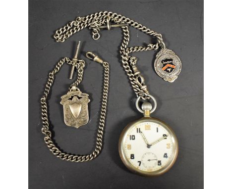 An early 20th century military issue open face pocket watch, white dial, Arabic numerals, minute track, subsidiary seconds, i