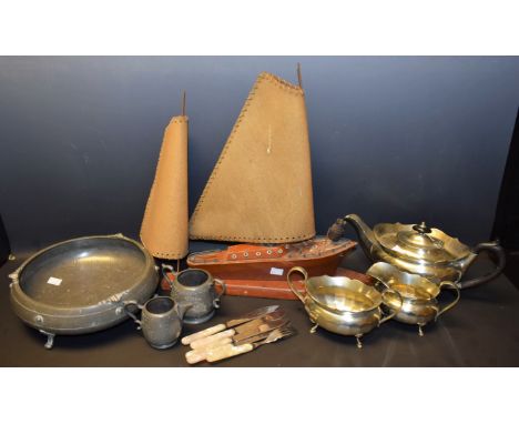 Boxes and Objects - an Art Deco pewter bowl; a three piece plated tea set; a table lamp modelled as a boat, etc 