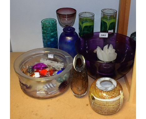 Studio Glass - a pair of goblets by G Elliot, Bewdley, 21.5cm and 23.5cm, dated '79; a vase by Kathy Pearce; an ovoid opalesc