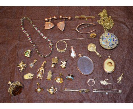 A pair of 9ct rose gold shield shaped cufflinks; a rose gold wishbone brooch; gold charms; brooches, chains