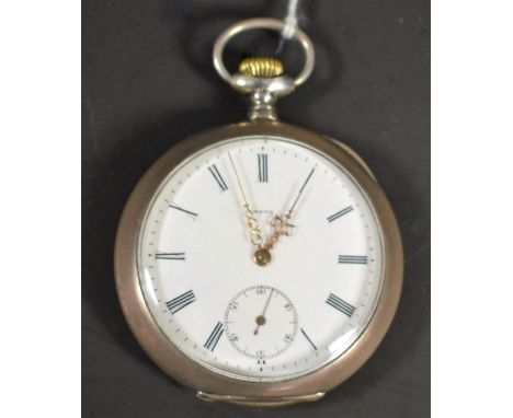 Omega - an early 20th century 800 silver open face pocket watch, white enamel dial, bold Roman numerals, minute track, subsid