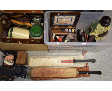 Boxes and Objects - Viceroy accordion, Royal Doulton Beefeater character jug, Zenit and other cameras, sewing box, black baby