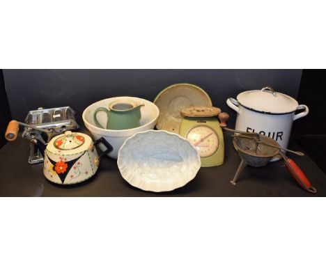 Kitchenalia - an enamel flour bin; scales; a mincer; a jelly mould; a pasta roller; etc