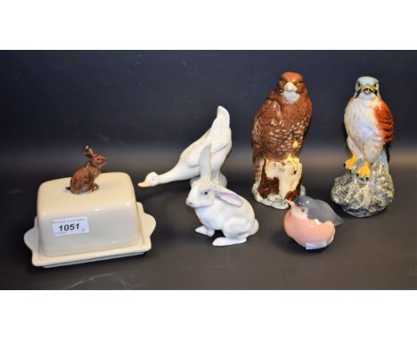 Ceramics - a Beswick Beneagles Whisky bottle modelled as a Kestrel; another, Buzzard; a Royal Copenhagen Robin, 2266; a Nao G