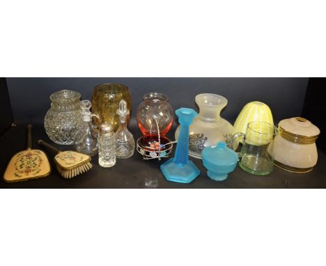 Glassware - an Art Deco style blue frosted glass dressing table set; another; retro lamp shades; light fitting; etc