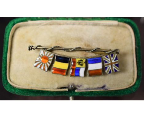 A Sterling silver and enamel brooch, five flags, boxed