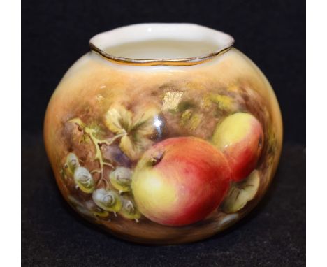 A Royal Worcester spirally fluted compressed ovoid vase, painted by P D Love, signed, applied with ripe fruit on a mossy bank