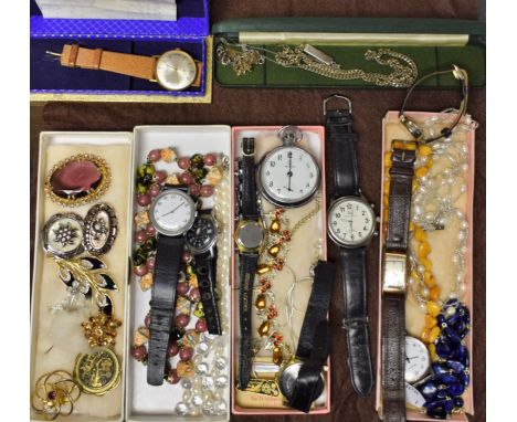 Jewellery and Watches - an Avia rolled gold wristwatch; others, Timex; Kienzle; Relide, etc; beads; brooches; etc