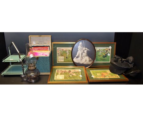 A British Railways cap by Compton Sons & Webb; another similar; a set of four Crombie cricketing prints; a two tier chrome an