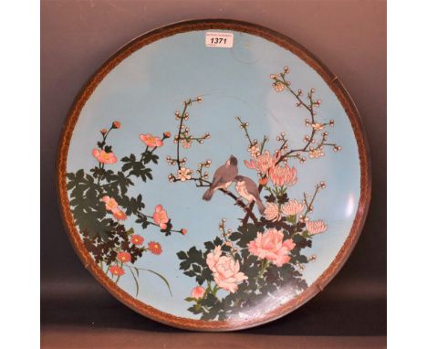 A Japanese cloisonné enamel circular wall plaque, Birds of Paradise, 45cm diam., Meiji period 