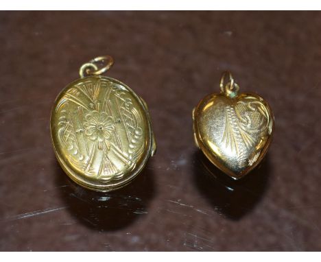 A Victorian gilt and enamel locket; a 9ct gold heart shaped locket (2)