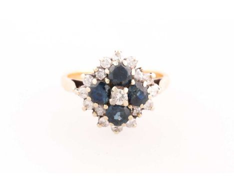 An 18ct yellow gold, diamond, and sapphire quatrefoil cluster ring, set with round-cut stones, 14 mm diameter, size I 1/2, 4.