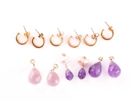 Three pairs of stone set pendant hoop earrings, each composed of a yellow metal hoop, with amethyst, amethyst and pearl, and 