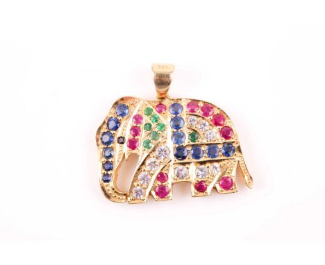 A 14ct yellow gold, sapphire, ruby, and emerald set pendant in the form of an elephant, set with mixed round-cut blue and whi