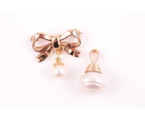 A 9ct yellow gold bow-shaped brooch, suspended with a cultured pearl, brooch 2.4 cm wide, makers mark HW&amp;S, together with