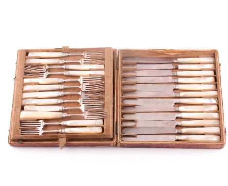 A cased set of twelve George III Royal Households (?) silver and mother of pearl fruit knives and forks. Sheffield 1809. The 
