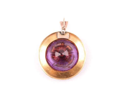 A Victorian yellow metal, amethyst, and diamond pendant, the mixed round-cut amethyst, inlaid with a daisy motif, set with ol