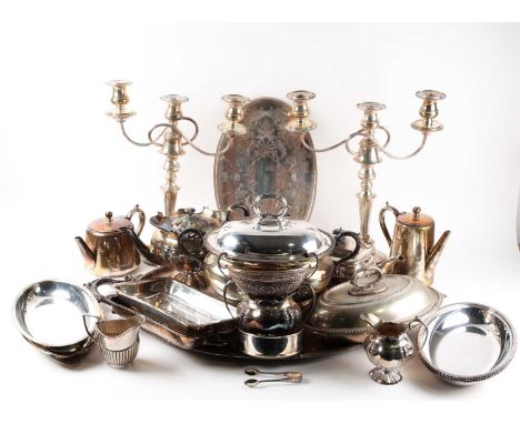 A large oval silver plated two handled tray, together with a pair of silver plated two branch candleabras, a silver plated tw