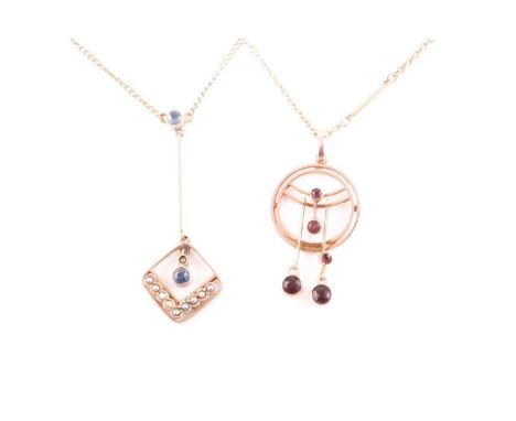 An Edwardian sapphire and seed pearl negligee pendant, the square plaque suspended from a single stone sapphire mount, to a f