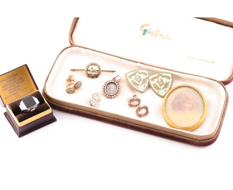 A pair of single stone opal earrings, seed pearl locket, a South Wales Borders gold and enamel bar brooch and a small quantit