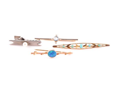 A pale sapphire and rose-cut diamond bar brooch, tpgether with a yellow metal and five stone turquoise bar brooch, a Mikimoto