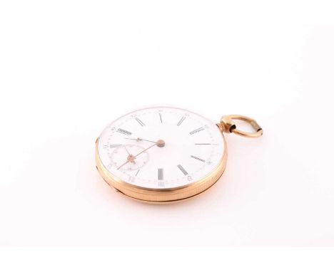 A Continental 18K gold open face pocket watch, the white enamel dial with black Roman numerals, the case back engraved with a