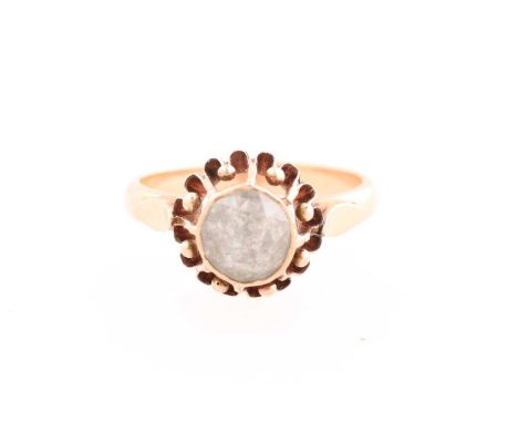 A single stone diamond ring; the faceted circular old rose-cut diamond in closed back mount; in a raised coronet setting to a