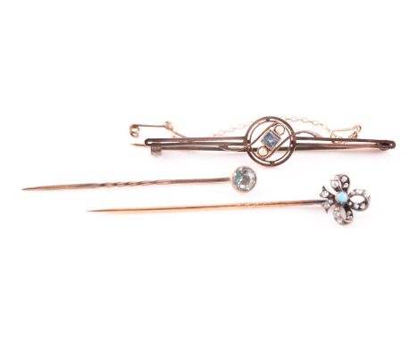 A diamond and turquoise tie-pin with bow-shaped mount, unmarked, together with a blue stone tie pin, and a 9ct yellow gold, s