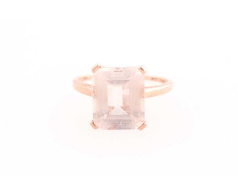 A 9ct rose gold and morganite ring, set with a mixed rectangular-cut morganite, measuring approximately 11 x 9 mm, four claw 