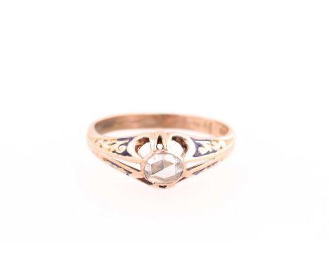 An early 19th century single stone diamond and enamel ring, the central rose diamond in cut down mount above pierced and engr