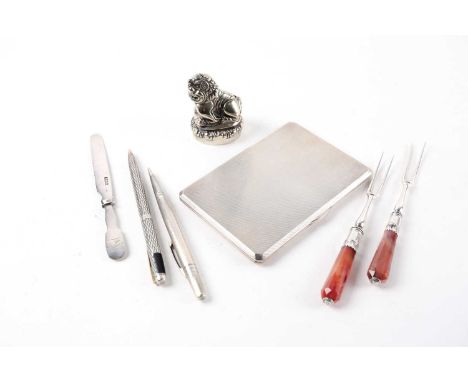 A pair of agate handled silver pickle forks together with a heavy silver cigarette case, sterling silver Sheaffer ball point 