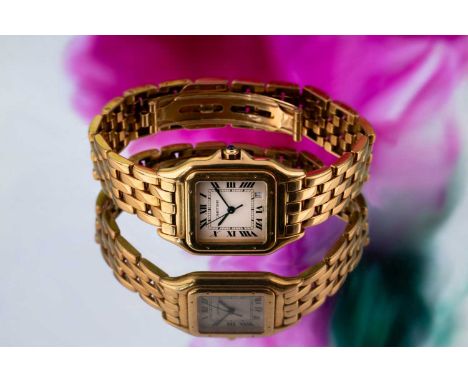 An 18ct yellow gold Cartier Panthere ladies watch, the square white enamel dial with Roman numerals, date dial, quartz moveme