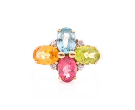 A 9ct yellow gold and multi-gem ring, set with mixed oval-cut peridot, citrine, and blue and pink topaz, with four diamond ac