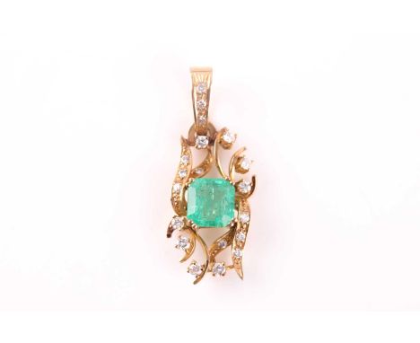 A yellow metal, diamond, and emerald pendant, the openwork pendant centred with a rectangular emerald-cut emerald, measuring 