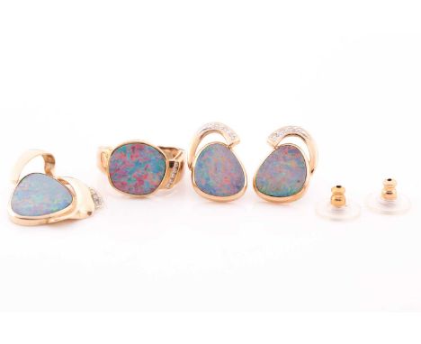 An opal and diamond pendant, earrings and ring suite, the abstract shaped opal doublets set with round brilliant cut diamonds