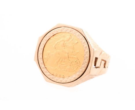 An Elizabeth II 1982 half sovereign ring, set in 9ct textured gold mount, with pierced shoulders, ring size T, 11.66 grams gr